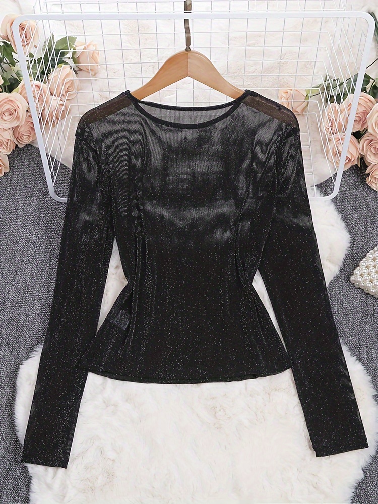 Women's Long Sleeve Sleeve Glitter Sheer Mesh Tops T Shirt Blouse Clubwear  (Black, S) at  Women's Clothing store
