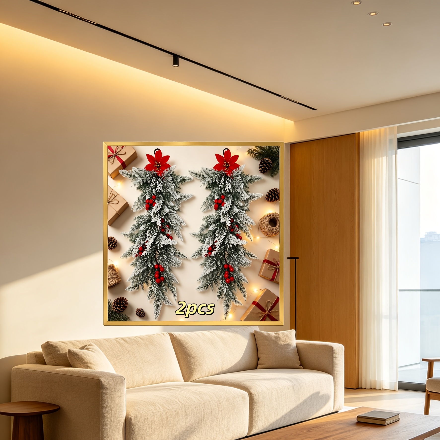 TEMU 2pcs Set Of Simulation Hanging Decorations, Featuring Red Flowers, Red Berries, And Pinecones, With Built-in Snowy Atmosphere. Flexible And Easy