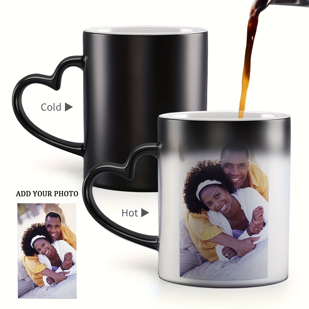 

1pc Custom Color Changing Coffee Mug - Unique Custom Design With Heart Shaped Handle, Heat Reactive Ceramic Cup For Year-round Sipping, Perfect Personalized Gift For Birthdays, Special Occasions 11oz