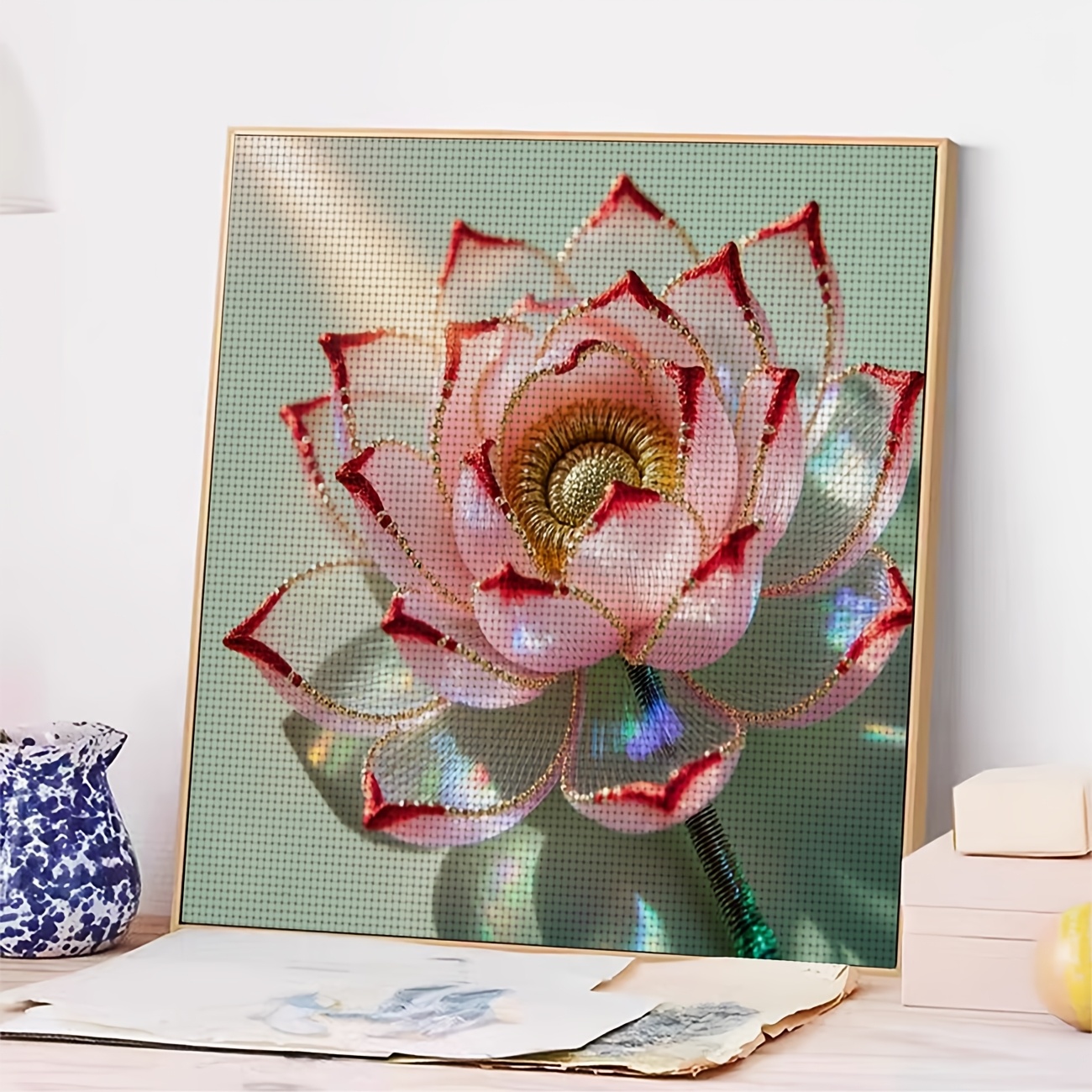 Cross Stitch Kit, Pink Lotus with Red Edges, Ideal for Beginners