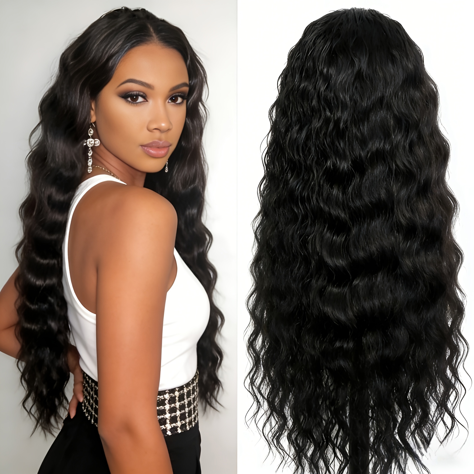 TEMU Stylish 26-inch Black Deep Wave Wig, Women's Wig With Adjustable Breathable , Easy To , High-density Heat-resistant Synthetic Fiber,