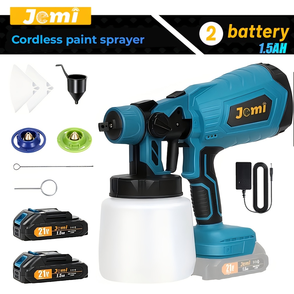 Image of Jemi Tool Cordless Paint Sprayer, Hvlp Spray Gun, 1000ml Container, Adjustable Spray Width, 3 Nozzles And 3 Patterns, Ideal For Furniture Home Paint