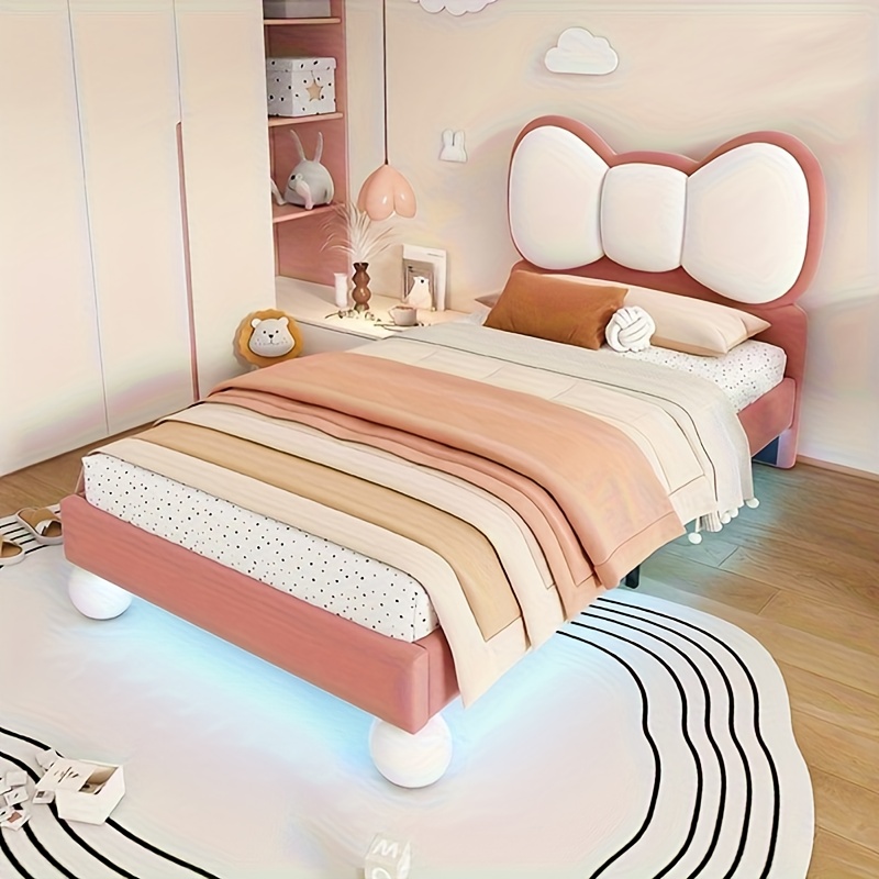 TEMU Modern Pillow Bed, Single Bed, Fly Shaped Headboard, Stable Wooden Board, Velvet, Beautiful Design, Beige pink, 90x200 Cm