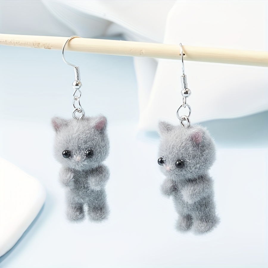 Image of 2pcs Cute Resin Plush 3d Cat Earrings Cartoon Animal Earrings Festive Party Gifts Women's Decorative Earrings