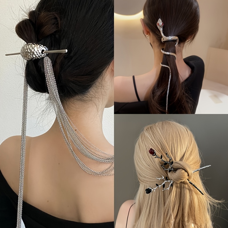 

4pcs Long Tassel Hairpin Snake Rose Alloy Tassel Hair Accessories, Sparkling Elegant Trend Hair Clips, Niche Chic Design Hair Barrette, Gifts For Her