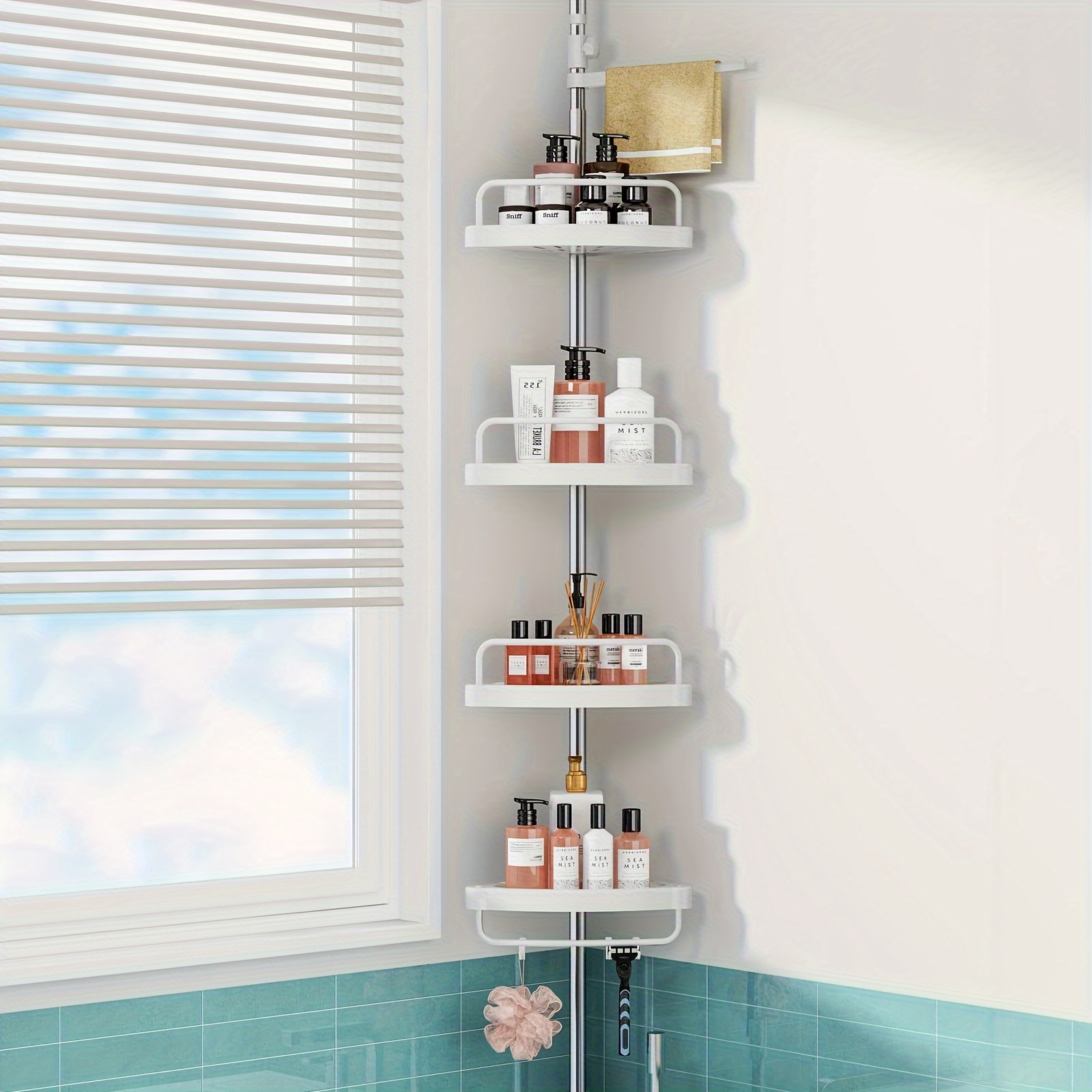 Poste de tensión de esquina para ducha: organizador de ducha ajustable de  acero inoxidable con estante de 4 niveles para baño, bañera, champú,  estante