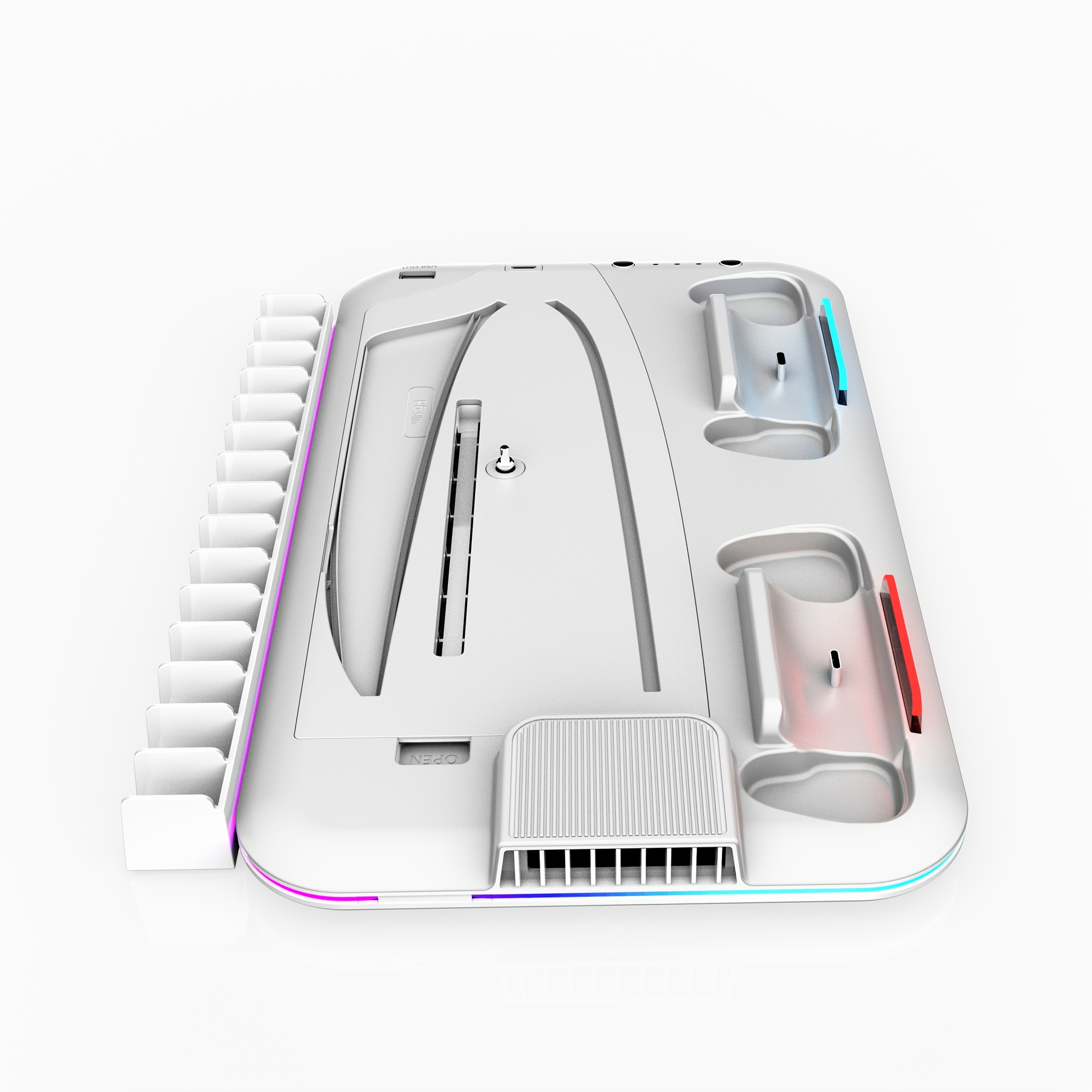 PS5 & PS5 Slim Cooling Stand with RGB LED, Controller Charger, Handle Dock, Disc Storage Slot & Earphone Hook - Durable ABS Material