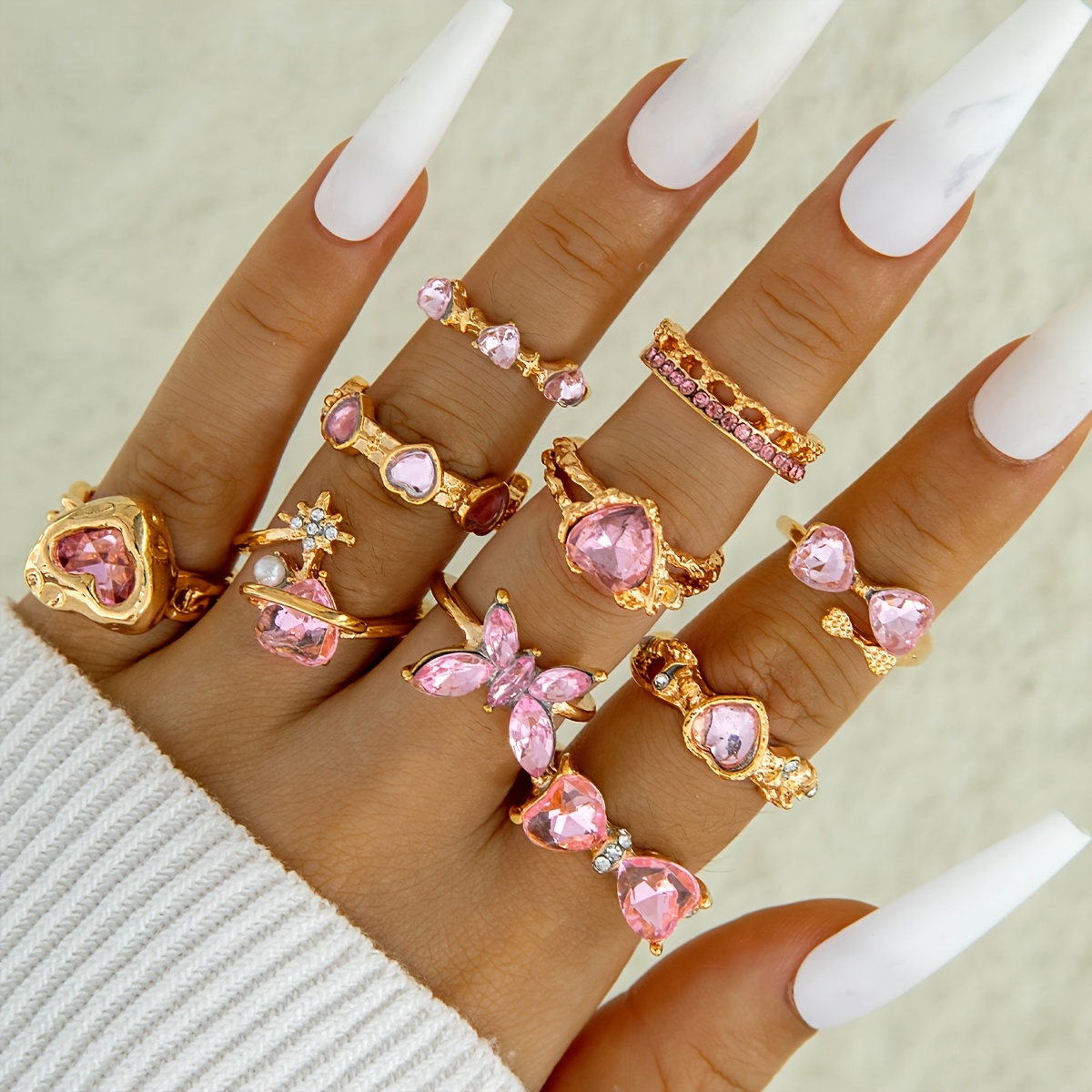 TEMU 10pcs Set, Stylish Pink Rhinestone Bow And Heart-shaped Elegant Exquisite Finger Rings, Suitable For Women's Prom Parties And Gatherings, A
