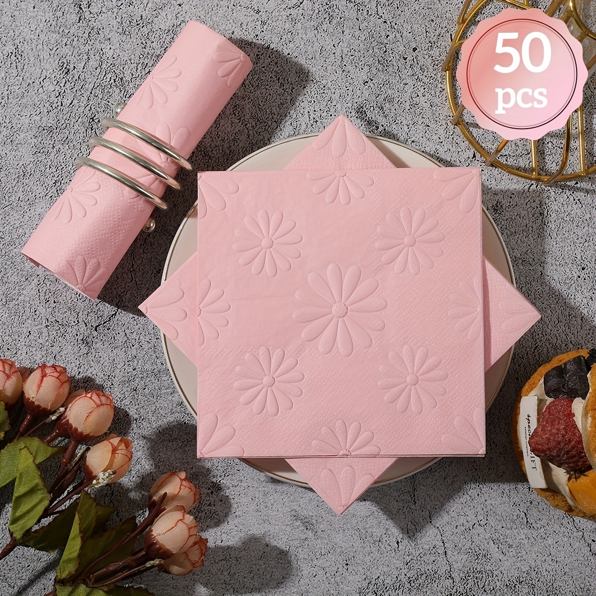 Image of 50pcs/100pcs, Pink Bohemian Daisy Napkins, 3d Embossed Printing, 2-ply Soft Napkins, Suitable For Birthday Parties, Teen Parties, Weddings And Celebrations, Party Decorative Napkins