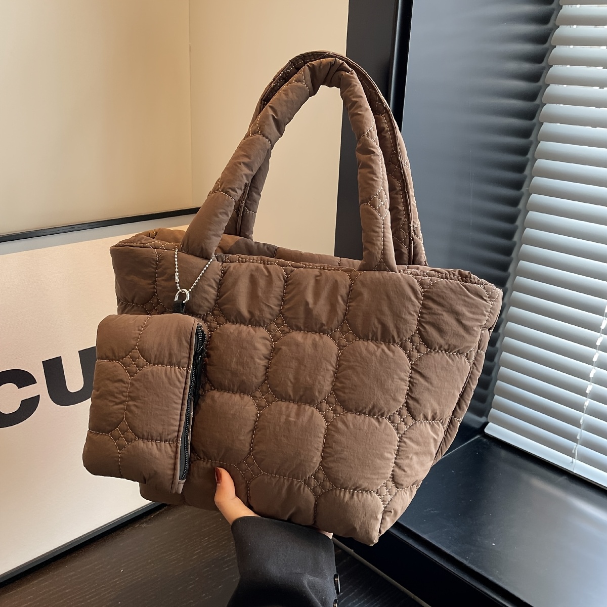Image of 2pcs Set Of Women's Casual And Fashionable Quilted Daily Commuting And Shopping Tote Bag And Wallet, Large Capacity Travel And Vacation Tote Bag