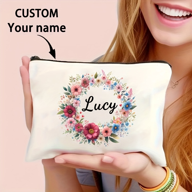 TEMU 1pc Custom Name-printed Floral Makeup Bag - Personalized Name Polyester Cosmetic Organizer Pouch, Suitable For Daily Use, Holidays, Events, And
