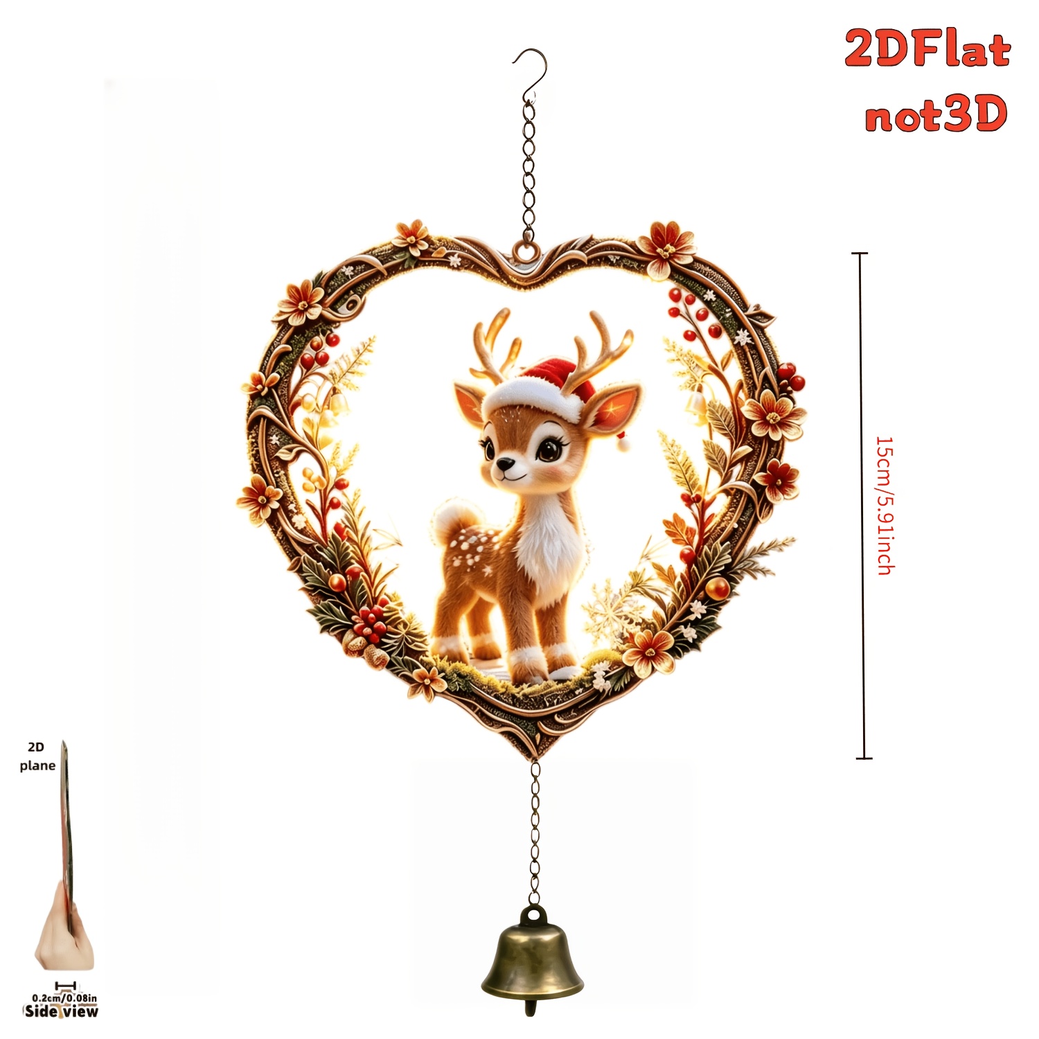 TEMU Carillon à Vent Ornement de Noël Couronne de Cœur, une Pièce Décorative Chaleureuse pour les Fêtes avec une Cloche en Bronze Vintage . Convient