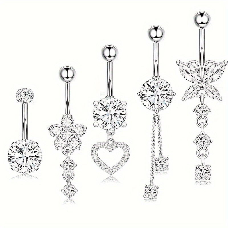 

5pcs Sexy & Vacation Style Dangle Belly Button Rings Set For Women, 14g Stainless Steel Piercing Jewelry With Heart, Flower, Butterfly Designs