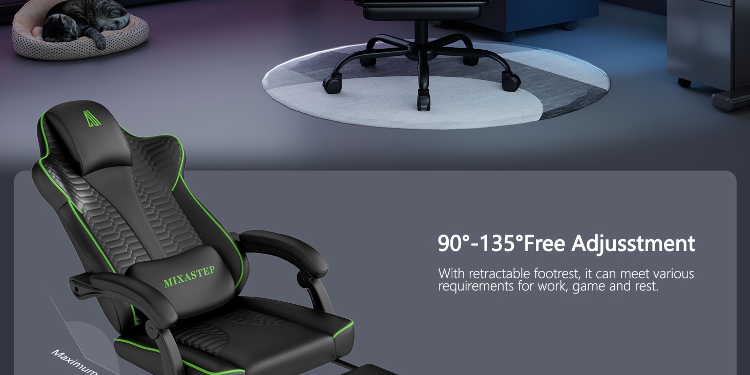 Een ergonomische gamingstoel met verstelbare rugleuning en een draaibare 360-graden functie - Ontworpen voor volwassenen en tieners tot 150 kg, perfect voor thuiskantoren of gaming, in een groene kleur.