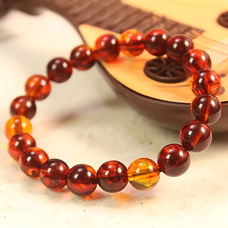E-shop Armband aus natürlichem Bernstein für Männer & Frauen - -Geburtsstein Schmuck, Unisex Paararmband im Boho-Stil mit glatten Kugelperlen,