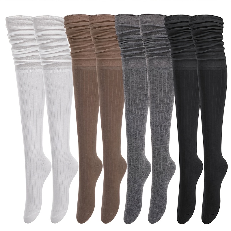 TEMU 4 Paar Herbst- Winter-Stricksocken für Damen mit vertikalen Streifen, hochwadelhohe warme Stiefelsocken, Freizeit-Strumpfhosen-Strümpfe
