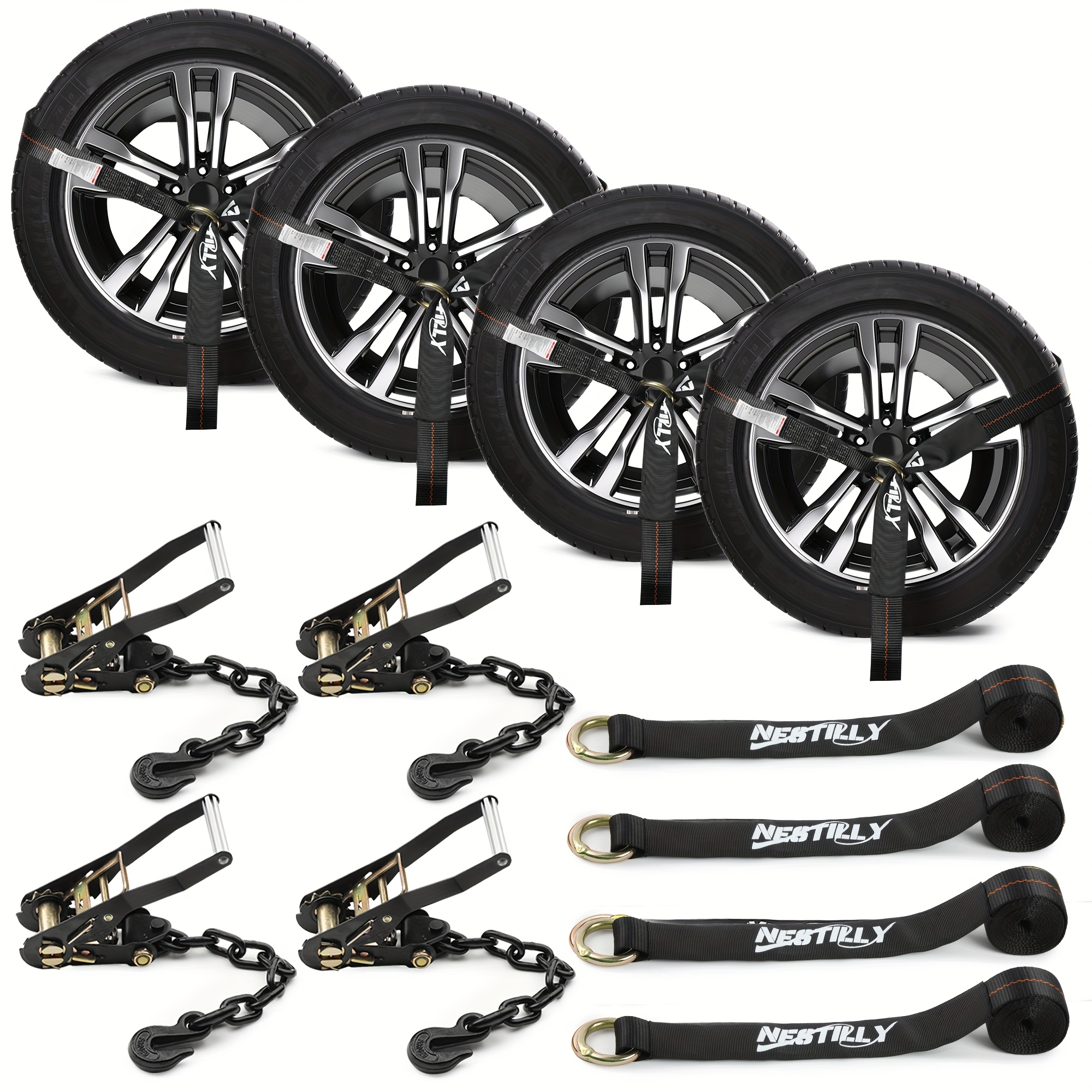 TEMU 4 Pack Reflective Car Tie Down Straps For Trailers - Tire Ratchet Strap With Chain Anchors - 2" X 8' 9900lbs Break Strength - Style Wheel Straps