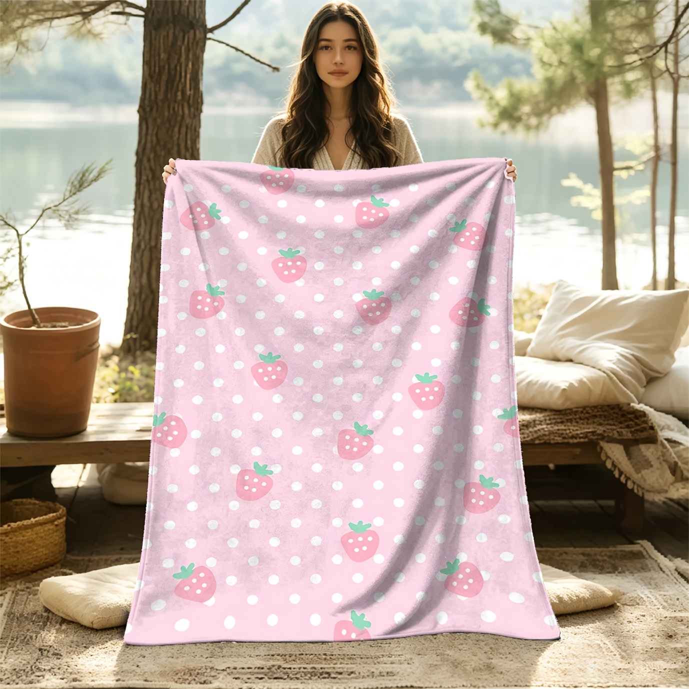 TEMU 1pc 2d Printed Pink Strawberry Print Blanket â Soft, Warm, And Throw, Suitable For Relaxing , , Or Camping, Flannel Material, 2d Flat