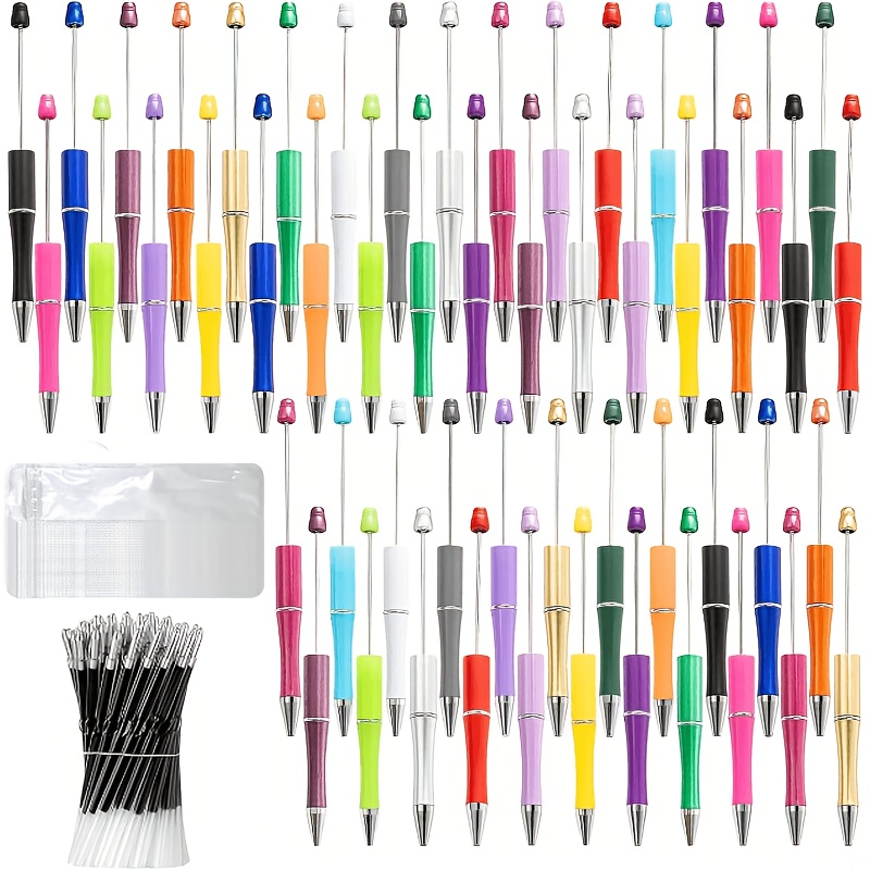150 Beadable Pen Set - Includes 50 Bulk Plastic Beadable Pens, Refills, And Pen Bags - Adorable Black Ink Ballpoint Pens For Students And Teachers (multicolor)