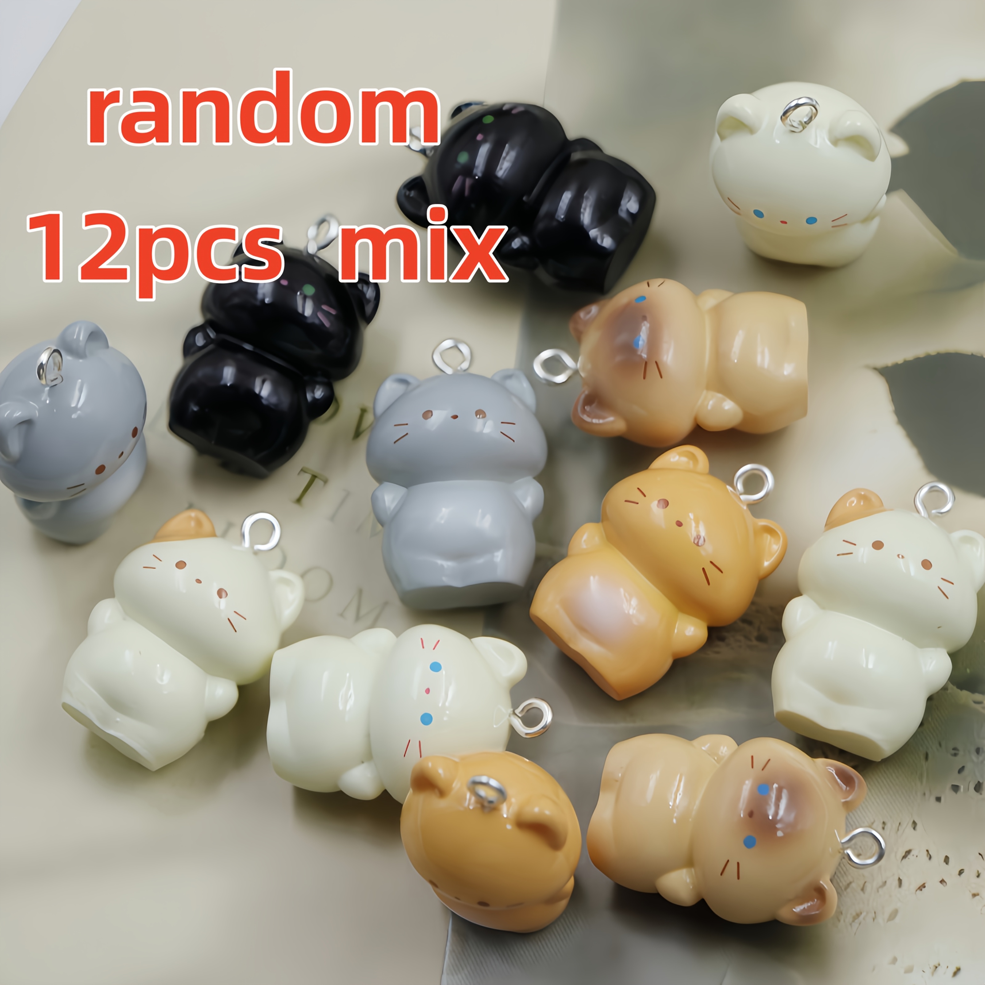 TEMU Lot aléatoire de 12 pendentifs mignons et potelés en résine 3D de chaton pour bracelets DIY, à breloques main et accessoires de boucles