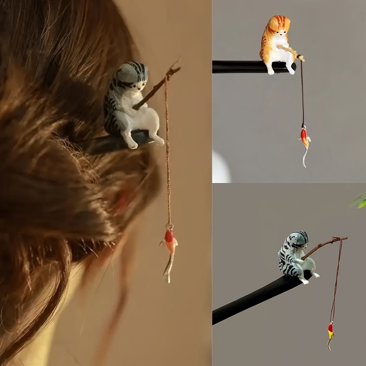 TEMU 2 Cat Fishing Hairpins- Wooden Tassel Red Bait Design, Valentine's Day Birthday Holiday Party Gift, Unique Creative Hair Accessories For Friends, Moms And