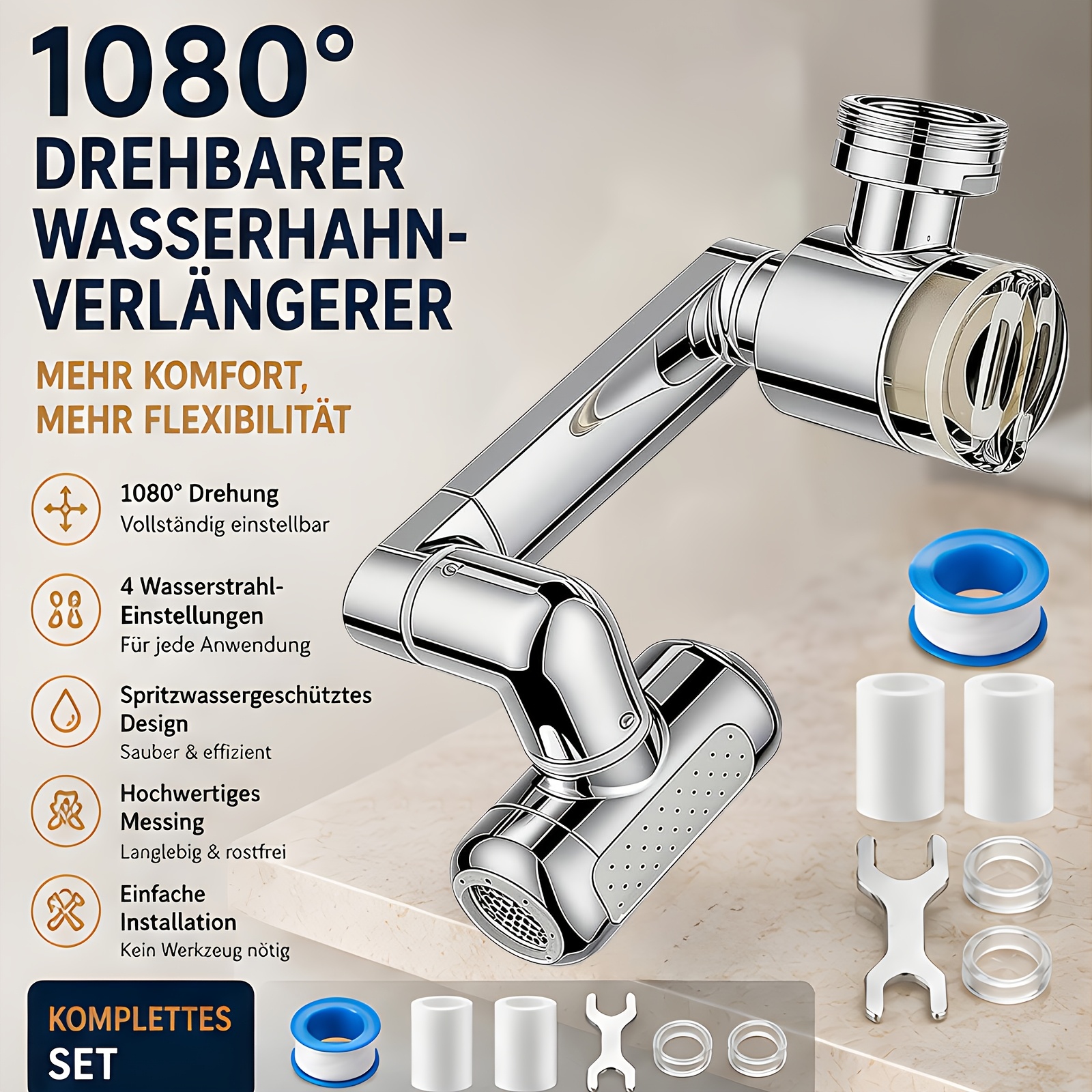 Image of 1 X Modern Swivel Tap - 1080° Swivelling And Adjustable Spout, With Aerated Spout, 4 Spray And Built-in Filter, Brass Swivel Arm, Water-, Foldable, , Suitable For Bathroom And Kitchen Sinks