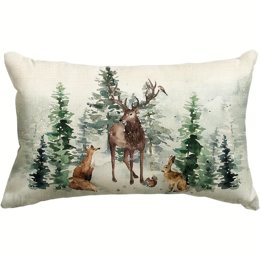 

Country- Throw Pillow Cover 12x20 - Machine Washable Animal Cushion Case With Zipper For Sofa And Room Types - Featuring Christmas Trees And Reindeer Design (1pc)