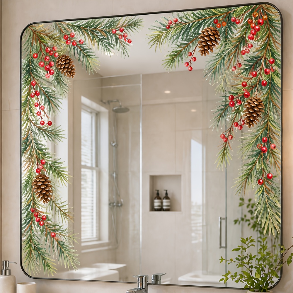 TEMU Autocollant de fenêtre 1 pièce de Noël avec coin d'aiguilles de pin et rouges, décoration avec branche de pin, , pomme de pin, feuille pour