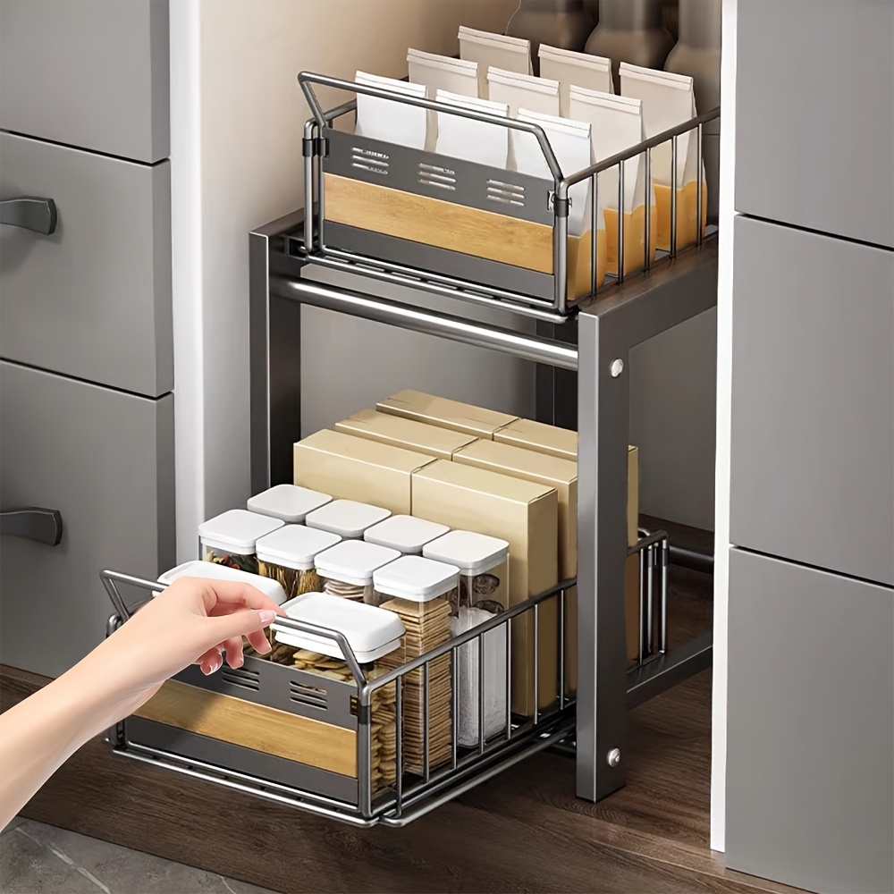 TEMU 2 Layers Pull Out Drawer Organizer For Cabinet, Under Sink Organizer, No Drill Slide Out Storage Shelf For Kitchen And Bathroom, Durable Metal