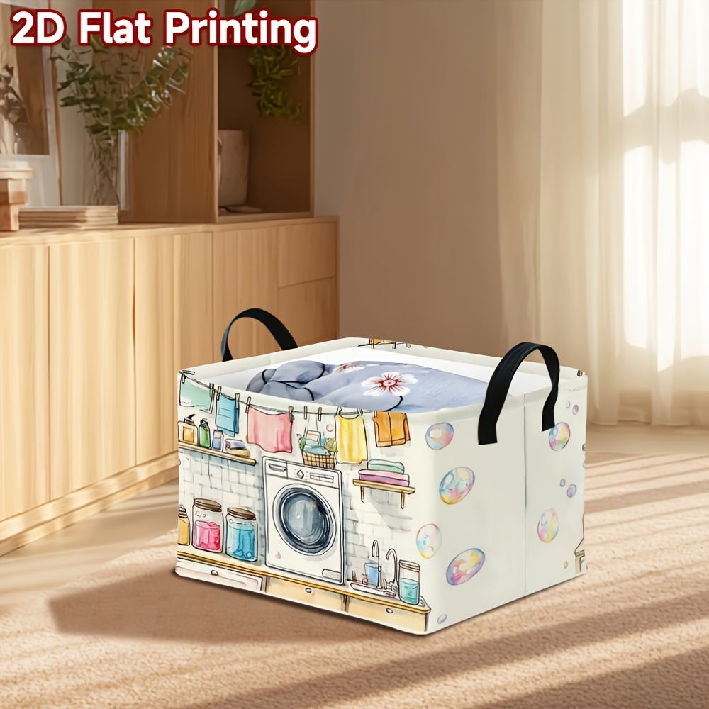 TEMU 1pc 2d Flat Printed Laundry Basket For Dirty Clothes, Open Storage Bins Stylish And Trendy Polyester Fabric Storage Basket With Handle, High