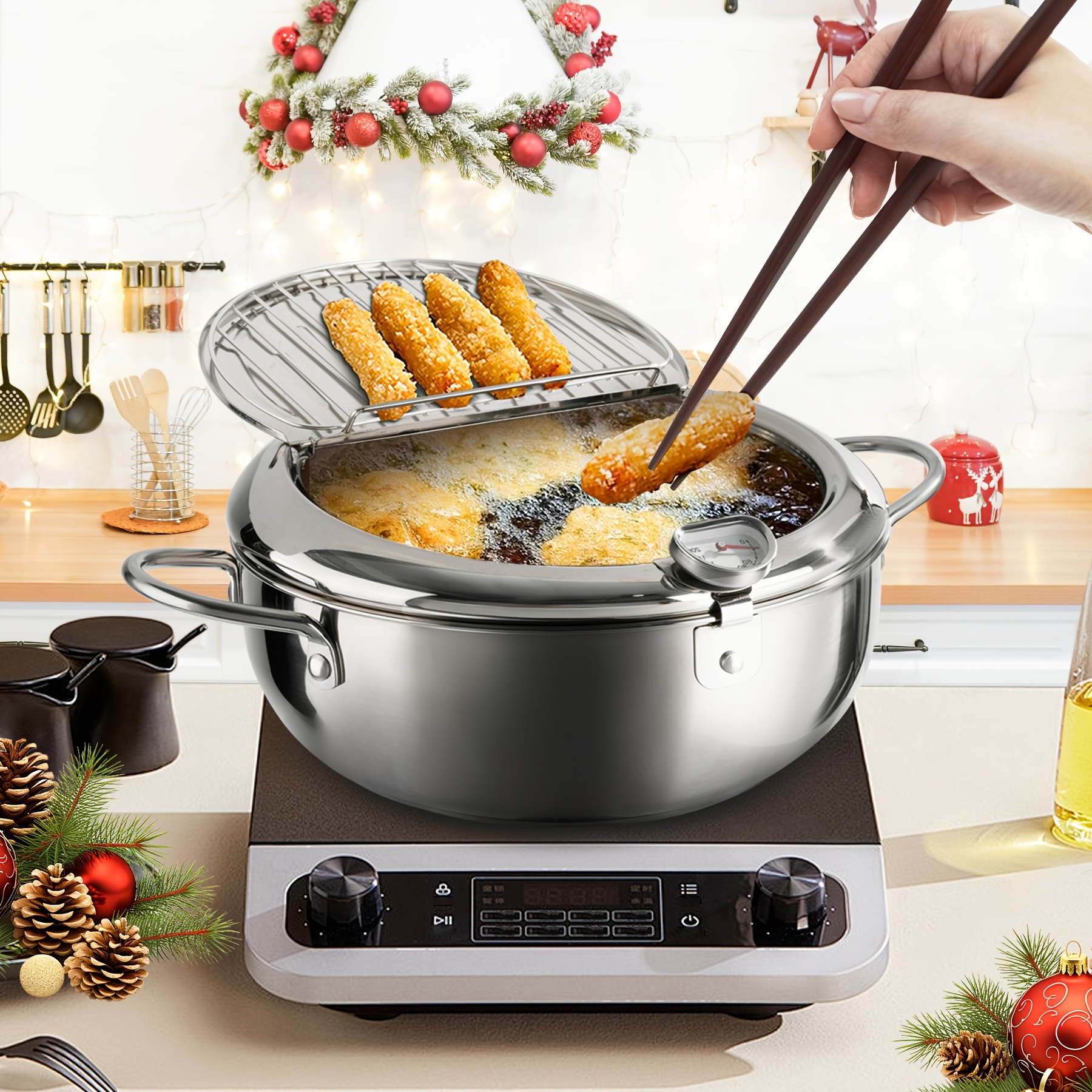 

Stainless Steel Pot With A Thermometer, Large Capacity For Christmas, Kitchen Accessory, Japanese , Precise Temperature Control, Healthy Oil Drainage, Compatible With Gas Stove And Induction Cooker.