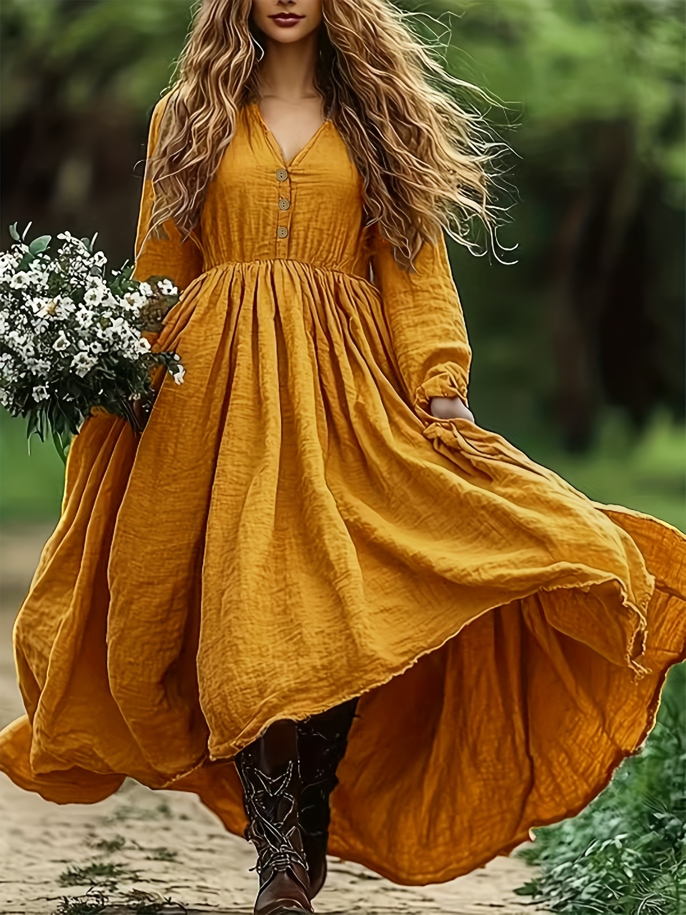 a solid color v neck flared dress a style - Temu Mauritius