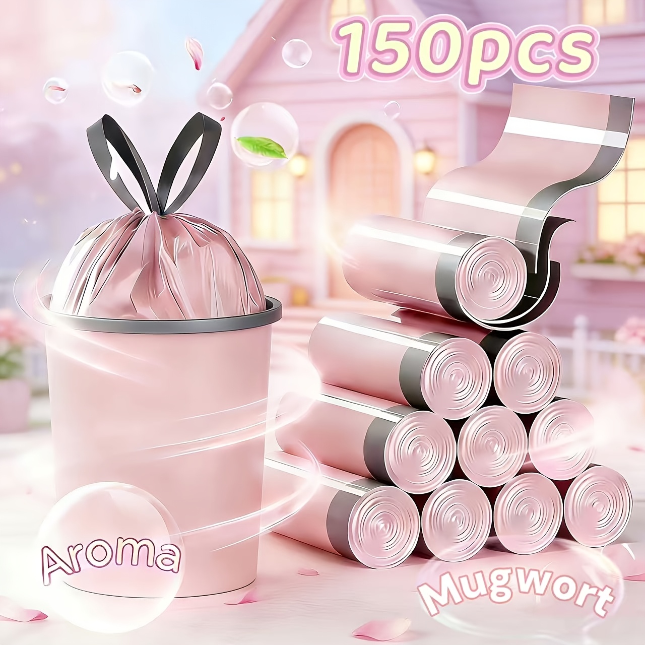 150pcs   pink heavy duty drawstring trash bags scented leak proof and odor resistant suitable for home office   and yard garbage collection a must have for students and cute girls multi purpose