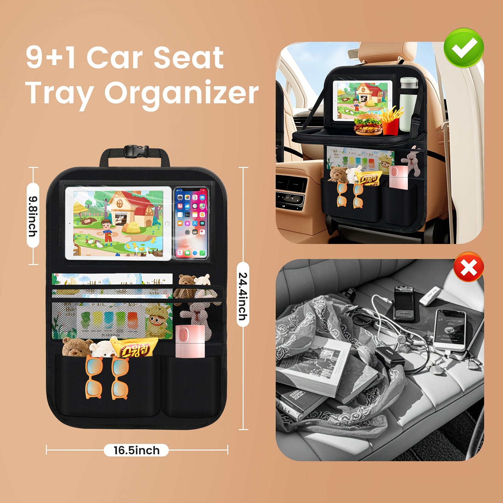 TEMU 1 Car Seat Storage Bag With Table Top, Car Organizer, Pad To Prevent Kicking - Suitable For Car Travel, Can Hold Tablets, Suitable For Babies To