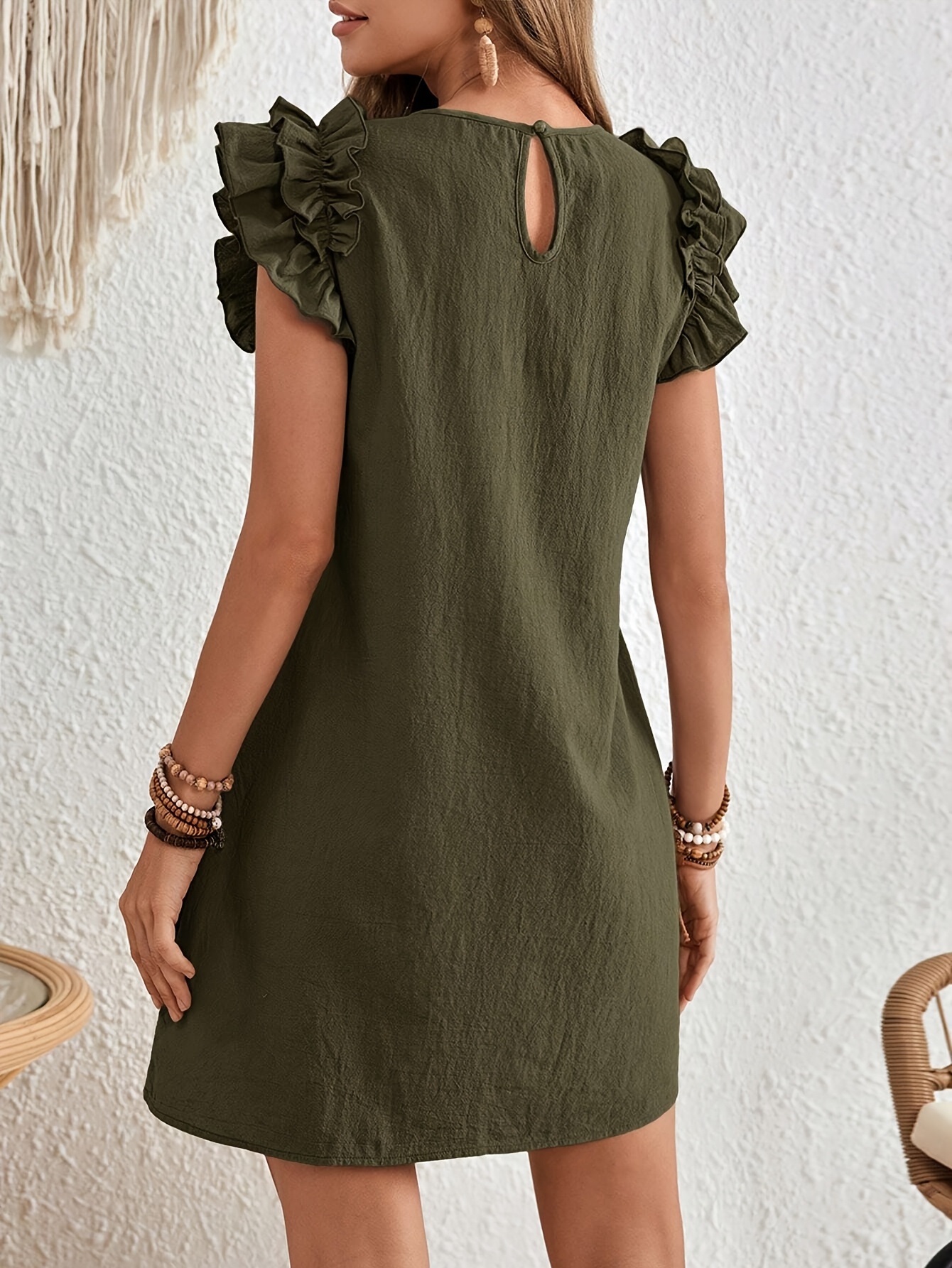 womens olive green ruffle mini dress sleeveless round neck - Temu Cyprus