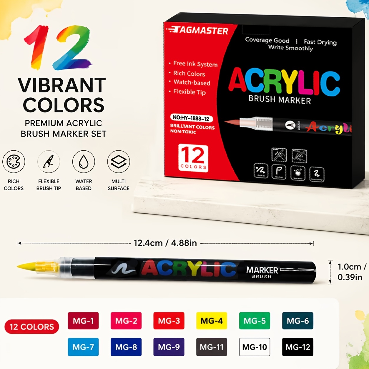TEMU 12- Grade Acrylic Marker Set, Flexible Soft Head, High Coverage Water-based Pigment, Professional For Artistic Use, Suitable For Stone Ceramic