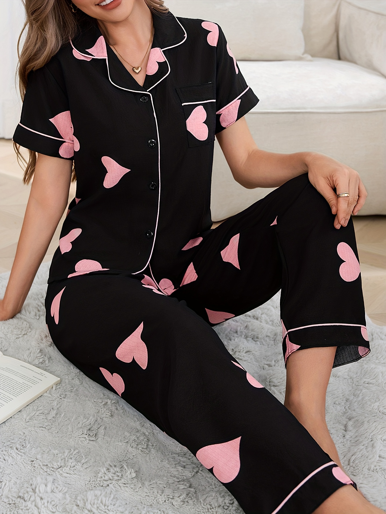 bubble chiffon womens summer pajama set with short sleeves and long pants sweet colorful love print button top and trousers for   in summer Product details 3