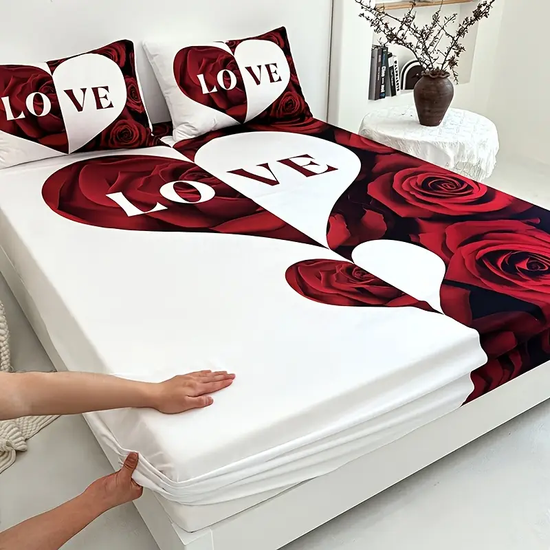3pcs red and heart bed sheet 1pc bed sheet 2pcs pillowcase no filling deep pocket in 15 inch machine washable hypoallergenic high quality mattress protector bedroom high definition printing room decor couple gifts Product details 1