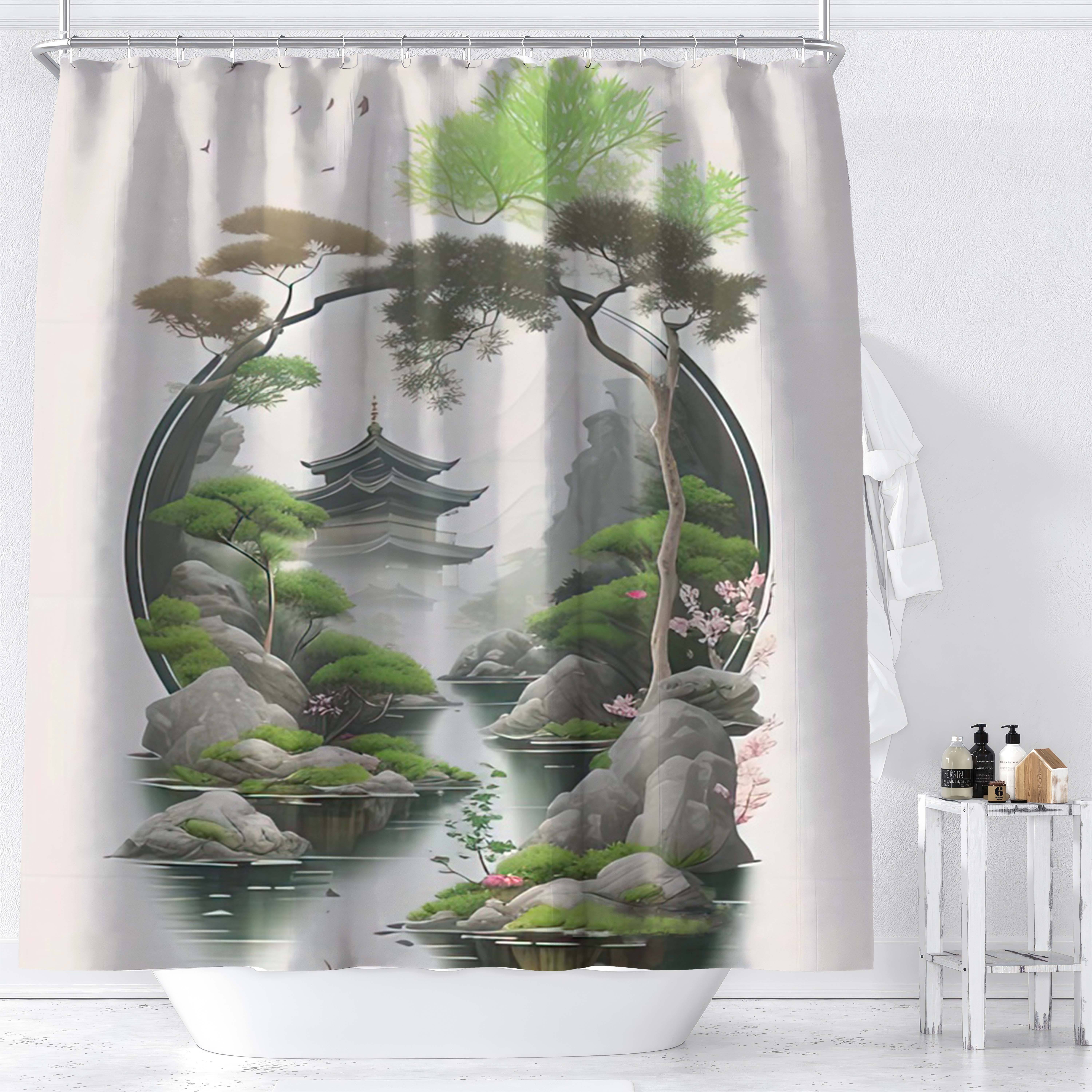 

1pc Oriental Ink Painting Garden Pagoda Lake Rocks Trees Greenery Scenery Digital Print Shower Curtain, Waterproof Bathroom Decor