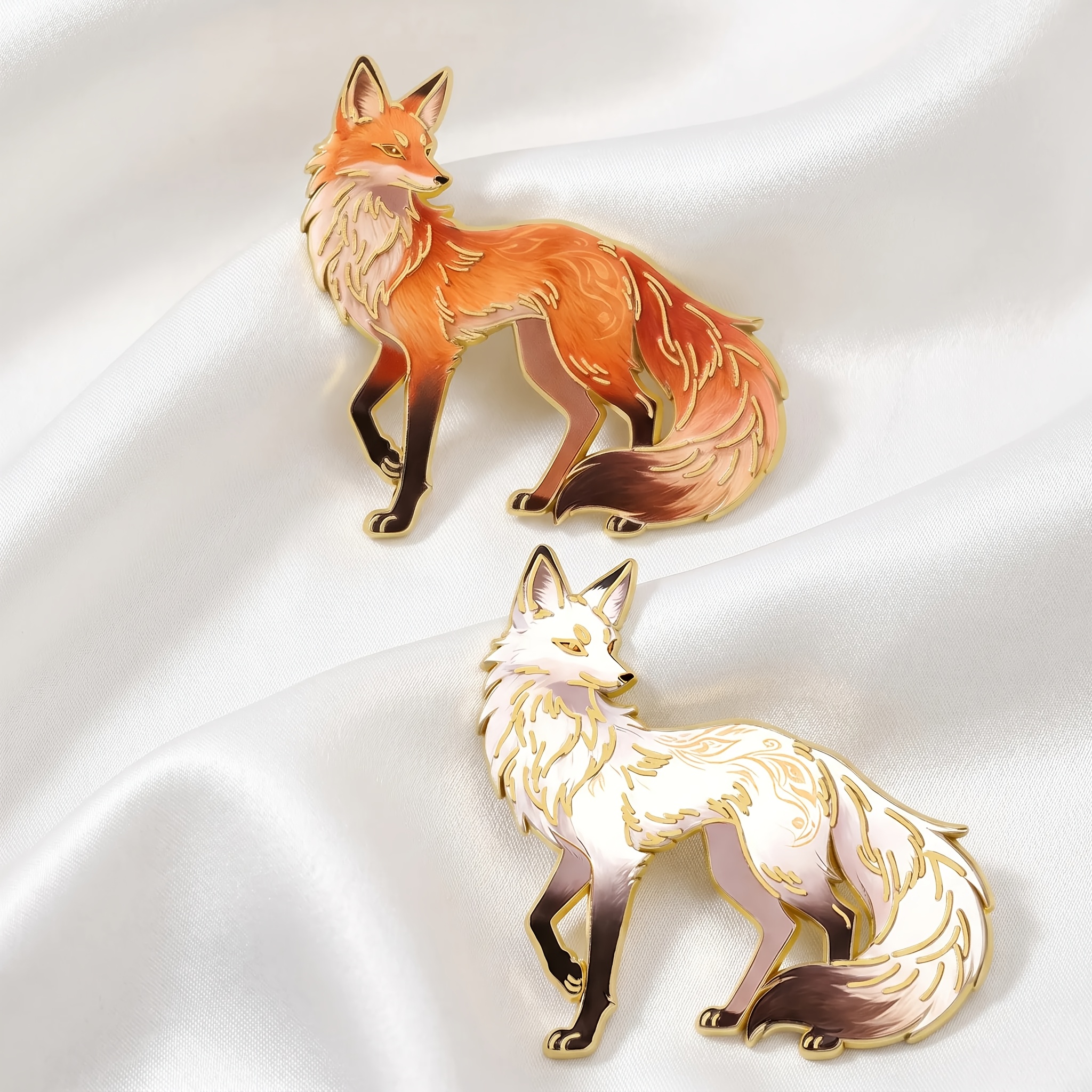 TEMU 2pcs Standing Spirit Fox Enamel Brooch Dual Styles Delicate Texture Gradient Glazed Brooch Women's Spring Summer Shirt Modified Hanfu Coat Scarf