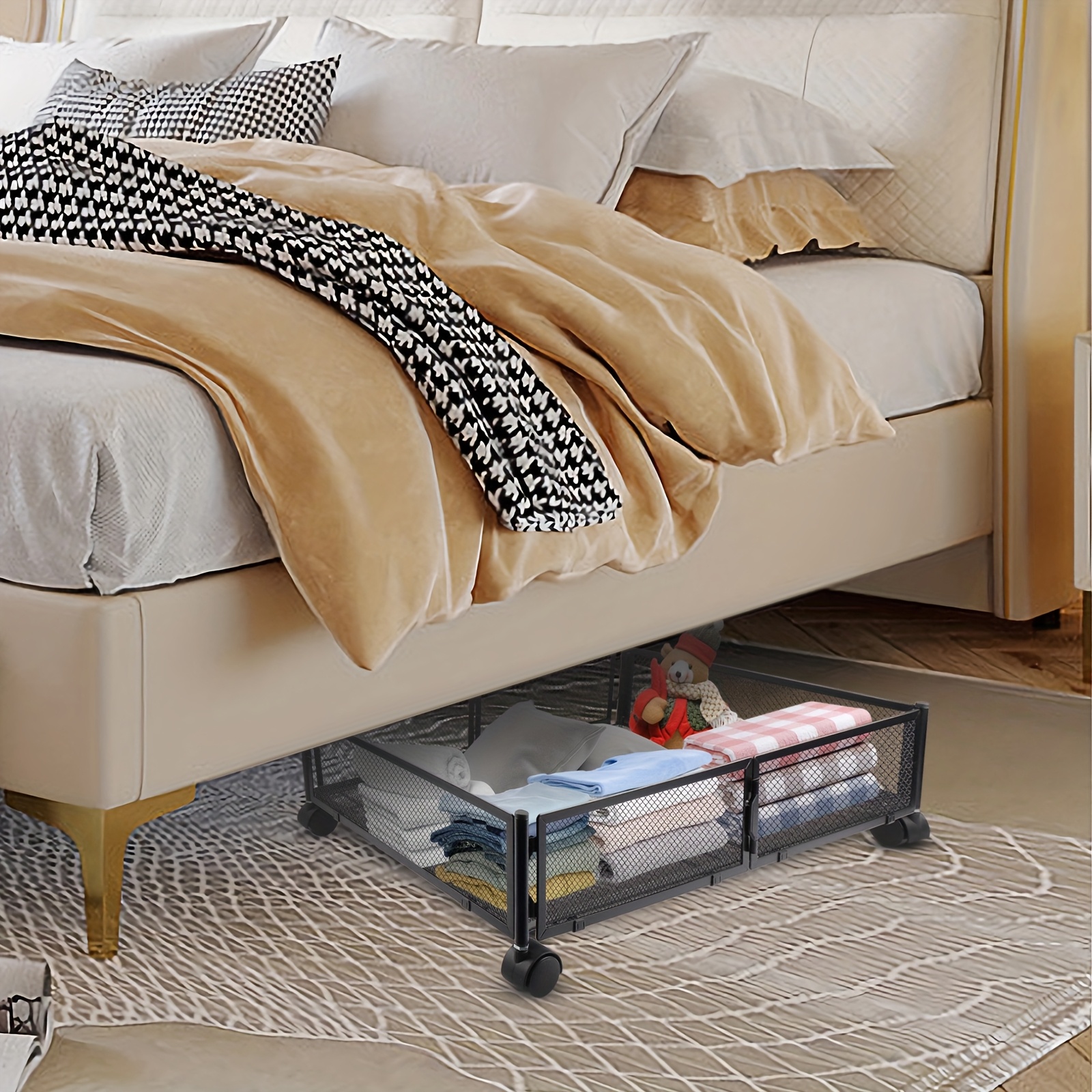 Image of Bed Base Storage Box, Bed Base Storage Rack, Clothing Storage, Iron, 60 X 40 X 17 Cm - White/black, 3 Kg, Under-bed Storage