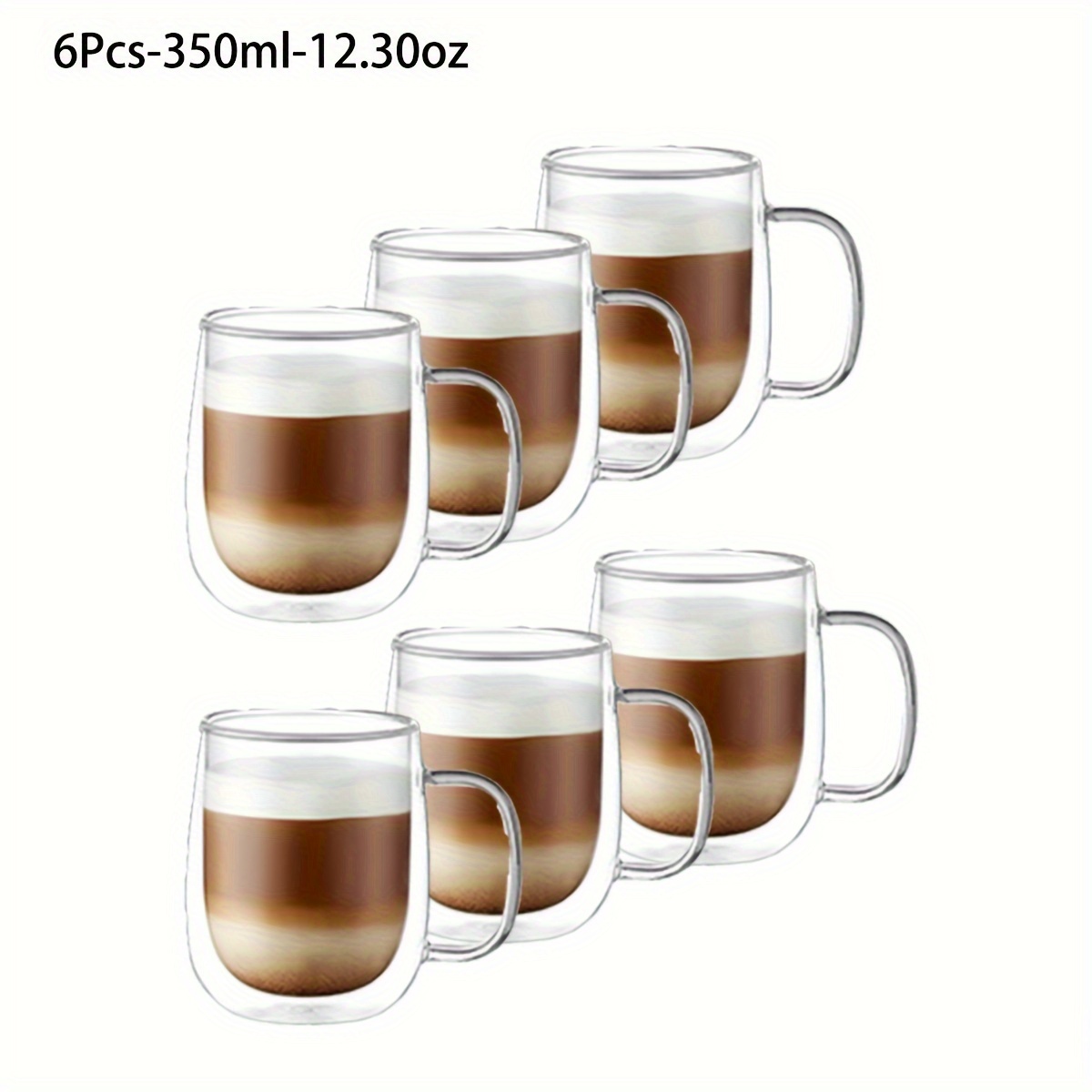 

Set Of 6 - 250ml-350ml - Double-layer Glass Coffee Cups - Transparent Heat-resistant Glass Espresso Cups - With Handles - Clear - Suitable For Lattes - Cappuccinos - Tea Bags - Hot And Cold Beverages