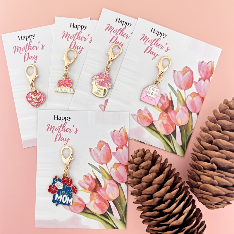 E-shop 2D Flach 10 Stück/5 Sets Muttertagsgeschenk Elegantes Blumen Multi-Style Legierung Schlüsselanhänger Set, Inklusive Blumen Grußkarte,