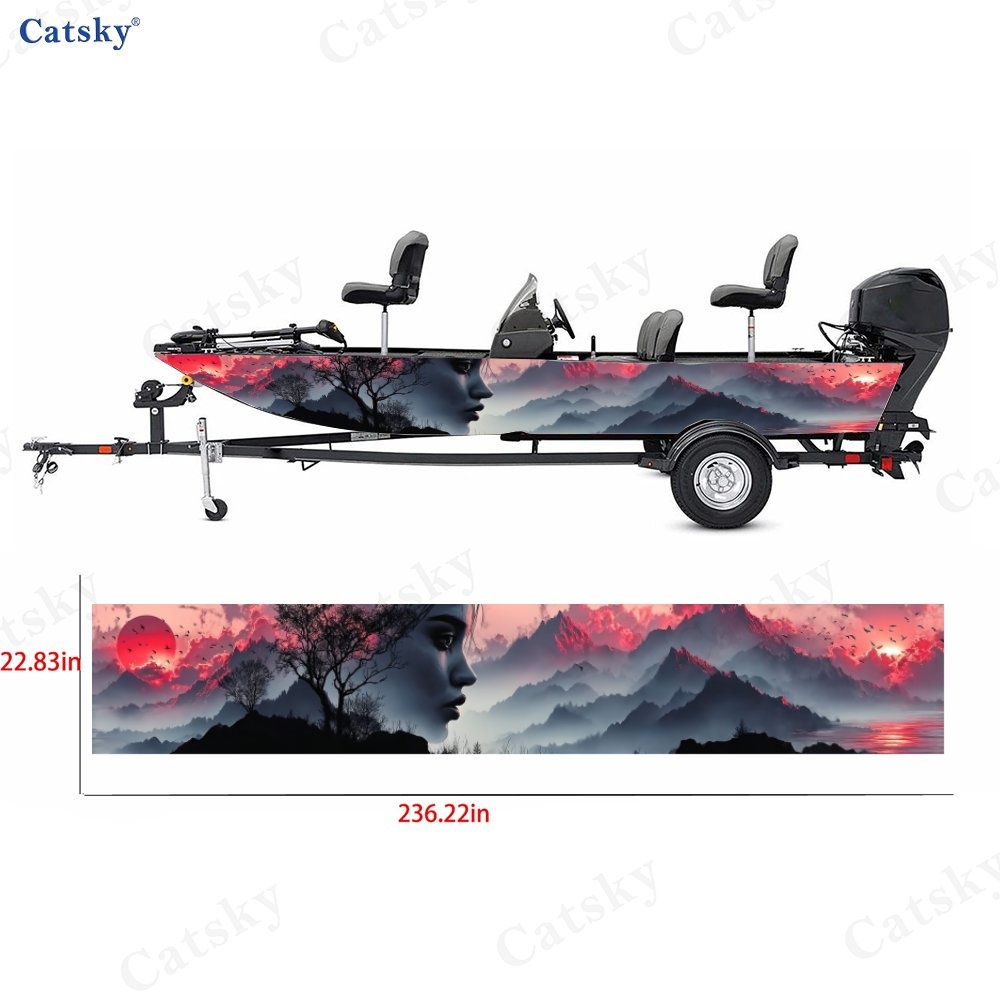 Vibrant Boat Wrap Film with Woman's Profile & Sunset Design