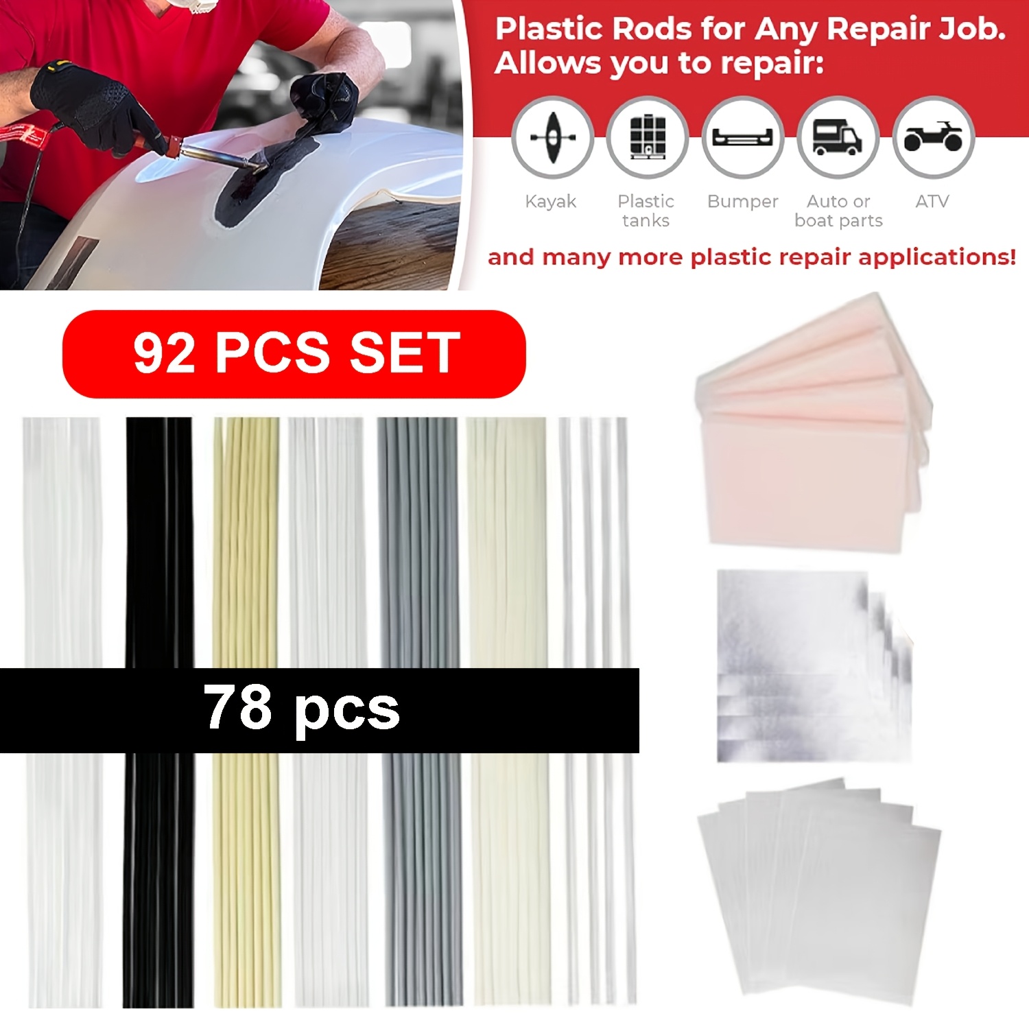 

92pcs Plastic Welding Rods Set - Abs, Pp, Pu, Pe, Pa, Pc, Tpo - 7 Types Rods For Car Bumper, Kayak, Auto & Marine Repair - Stainless Steel Mesh Included - Welding Supplies Kit