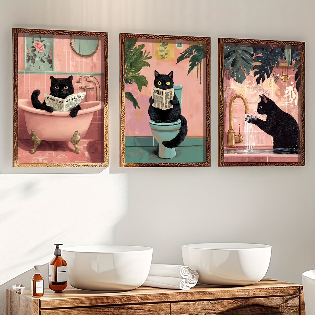 

3pcs Set, Cat Canvas Art Prints, Bathroom Humor Posters, Animal , Indoor Art Deco Poster For Living Room, Bedroom, Dining Room Decor