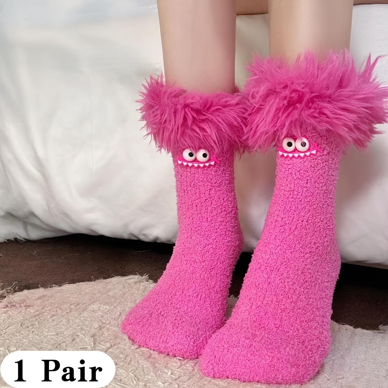 TEMU 1 Pair Mouth Plush Socks Women's Thickened Warm Coral Fleece Sleep Socks Cartoon Home Socks For Women Floor Socks
