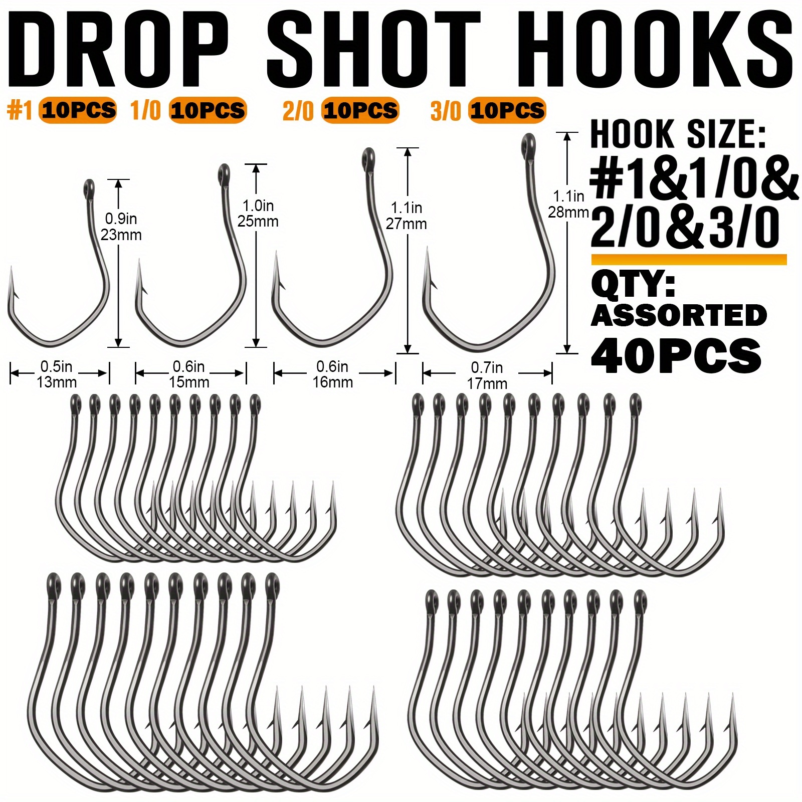 Dovesun 40pcs Hooks Split Shot Or Drop Shot Fishing Hooks For Walleye, Size 1# 1/0 2/0 3/0