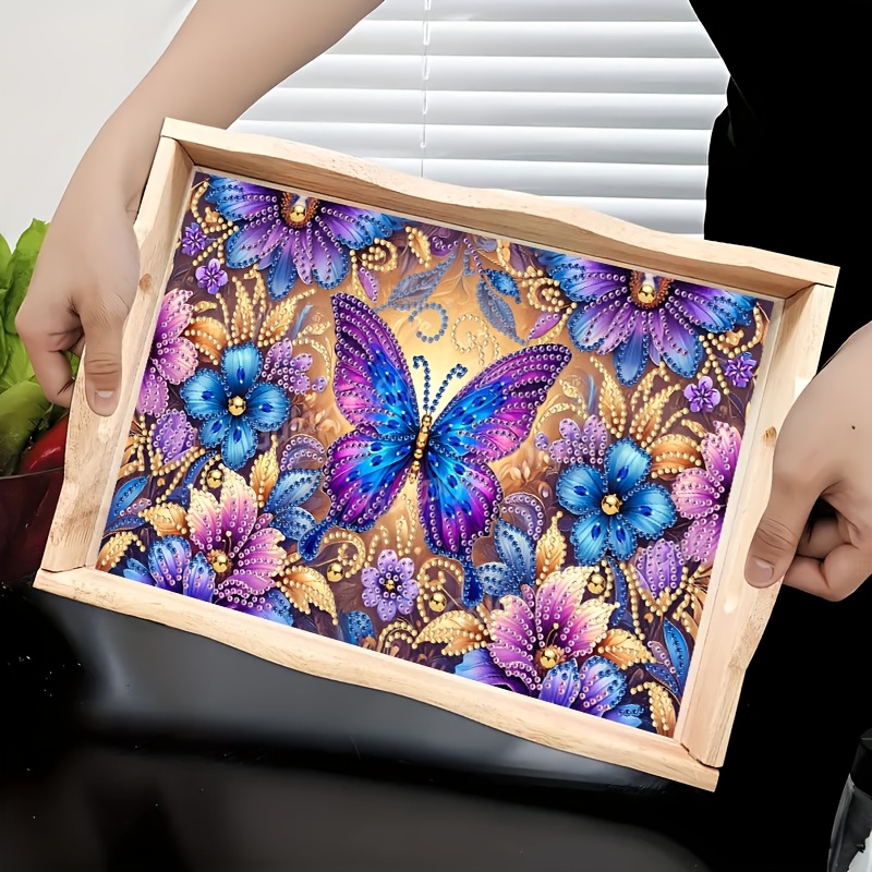 

1pc Elegant Diy With Handle - Acrylic Butterfly And Floral Pattern, Multi-functional Diamond Art Craft Kit For Home Kitchen Use, Decorative Serving Platter For Coffee, Juice, , Desserts