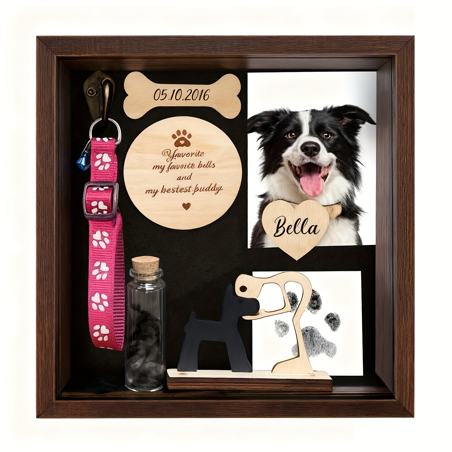 A Single Piece of a Rustic Photo Frame Designed to Hold a Pet'S Collar And Claw Print, Perfect As a Commemorative Gift for Dog Lovers. This Wooden Sculpture Features a Gray Fur Design And Can Be Displayed on a Desktop Or Hung on a Wall